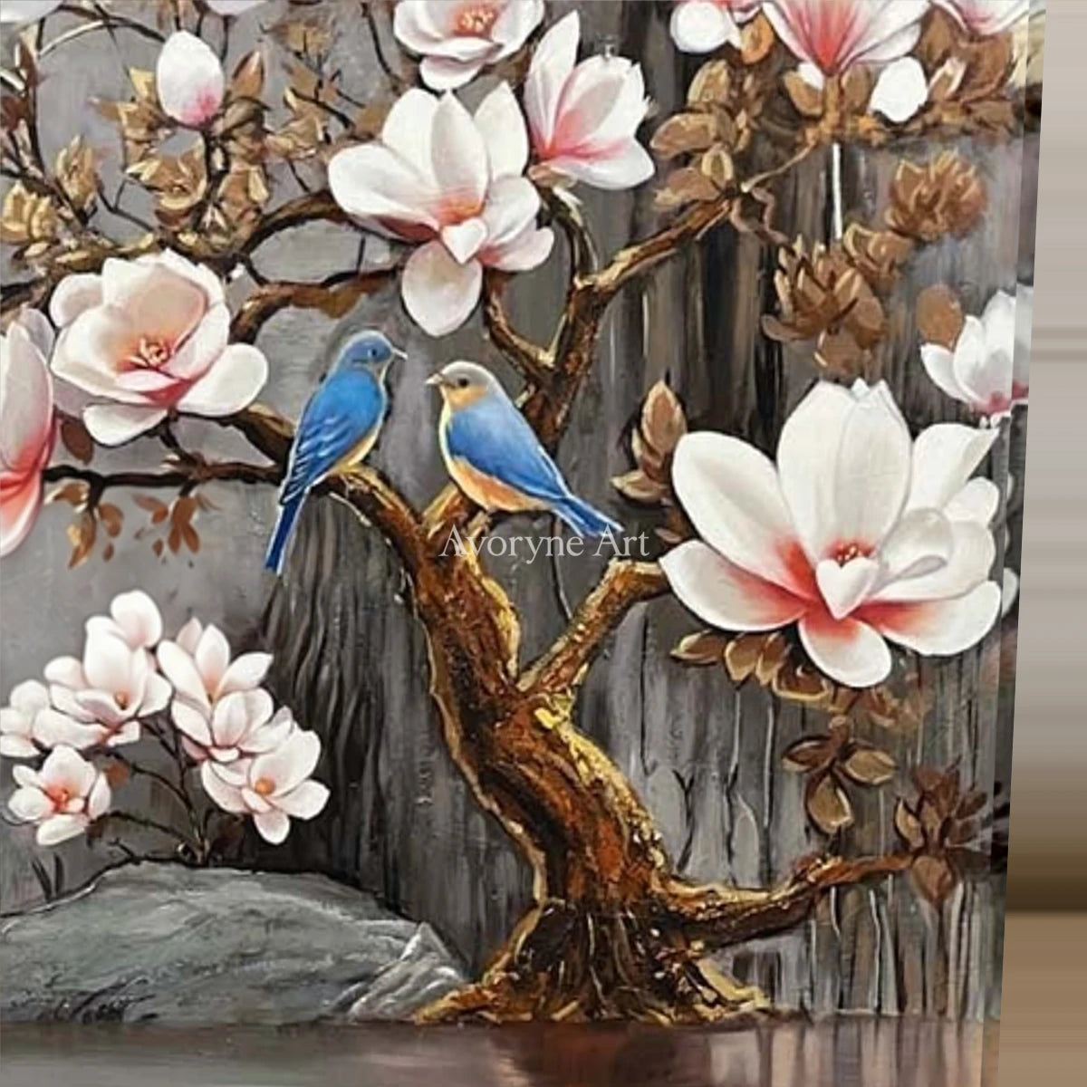 Magnolia Cascade: White Magnolia and Birds Panoramic Wall Art — detail easel