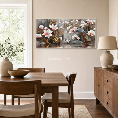 Magnolia Cascade: White Magnolia and Birds Panoramic Wall Art — dining white