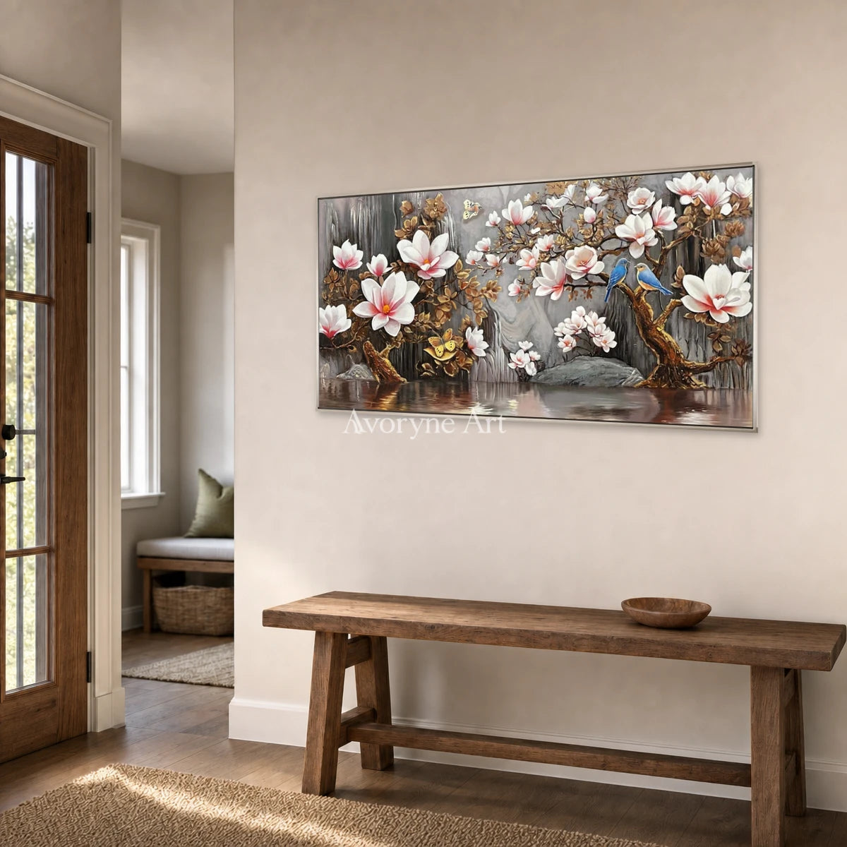 Magnolia Cascade: White Magnolia and Birds Panoramic Wall Art — entry silver