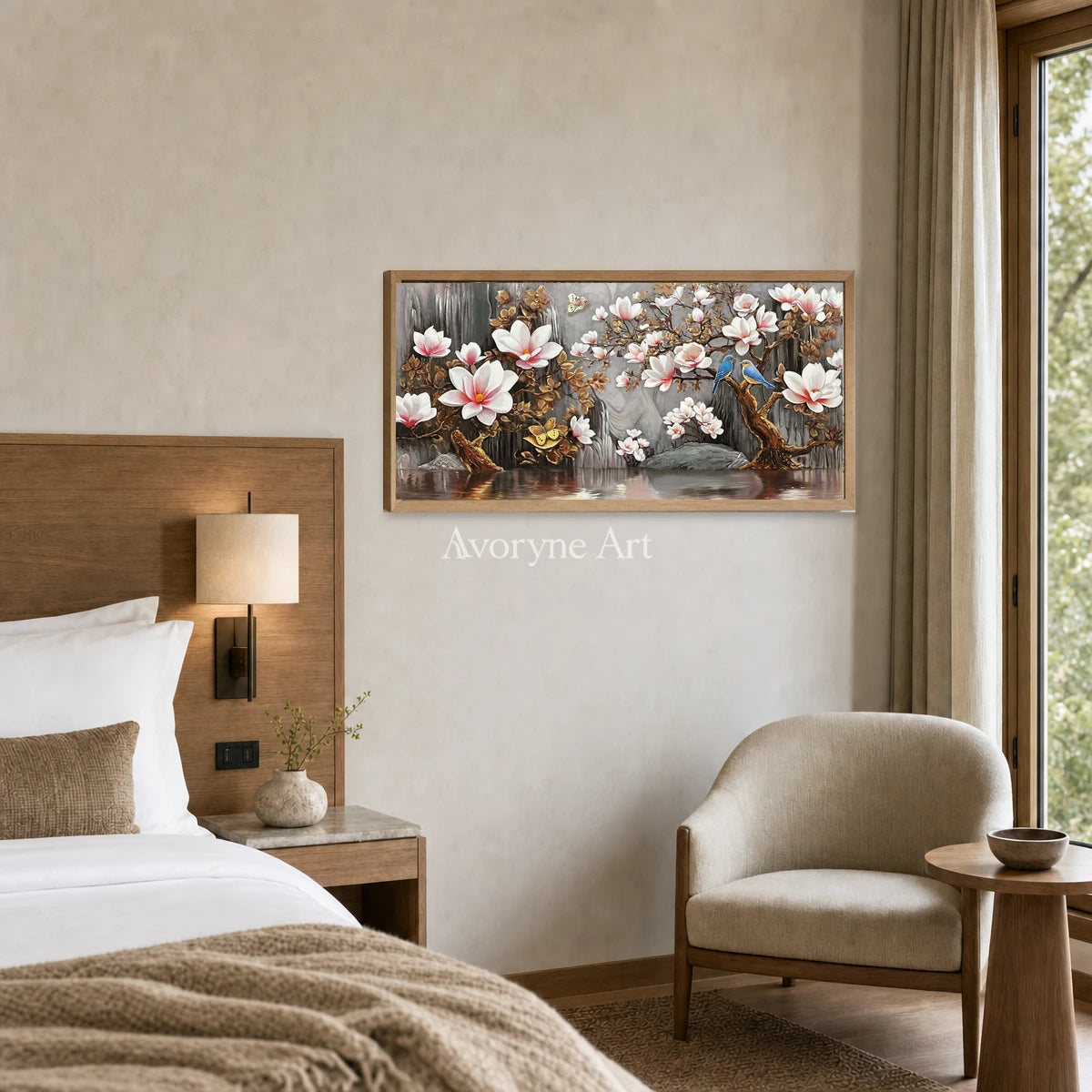 Magnolia Cascade: White Magnolia and Birds Panoramic Wall Art — hotel wood