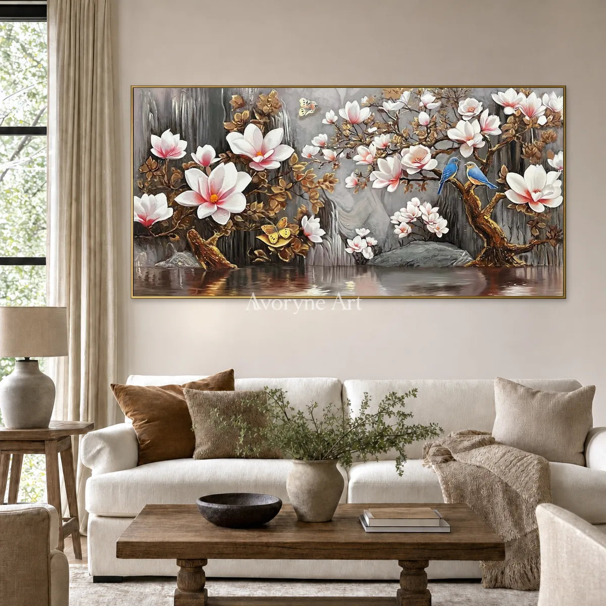 Magnolia Cascade: White Magnolia and Birds Panoramic Wall Art — living gold