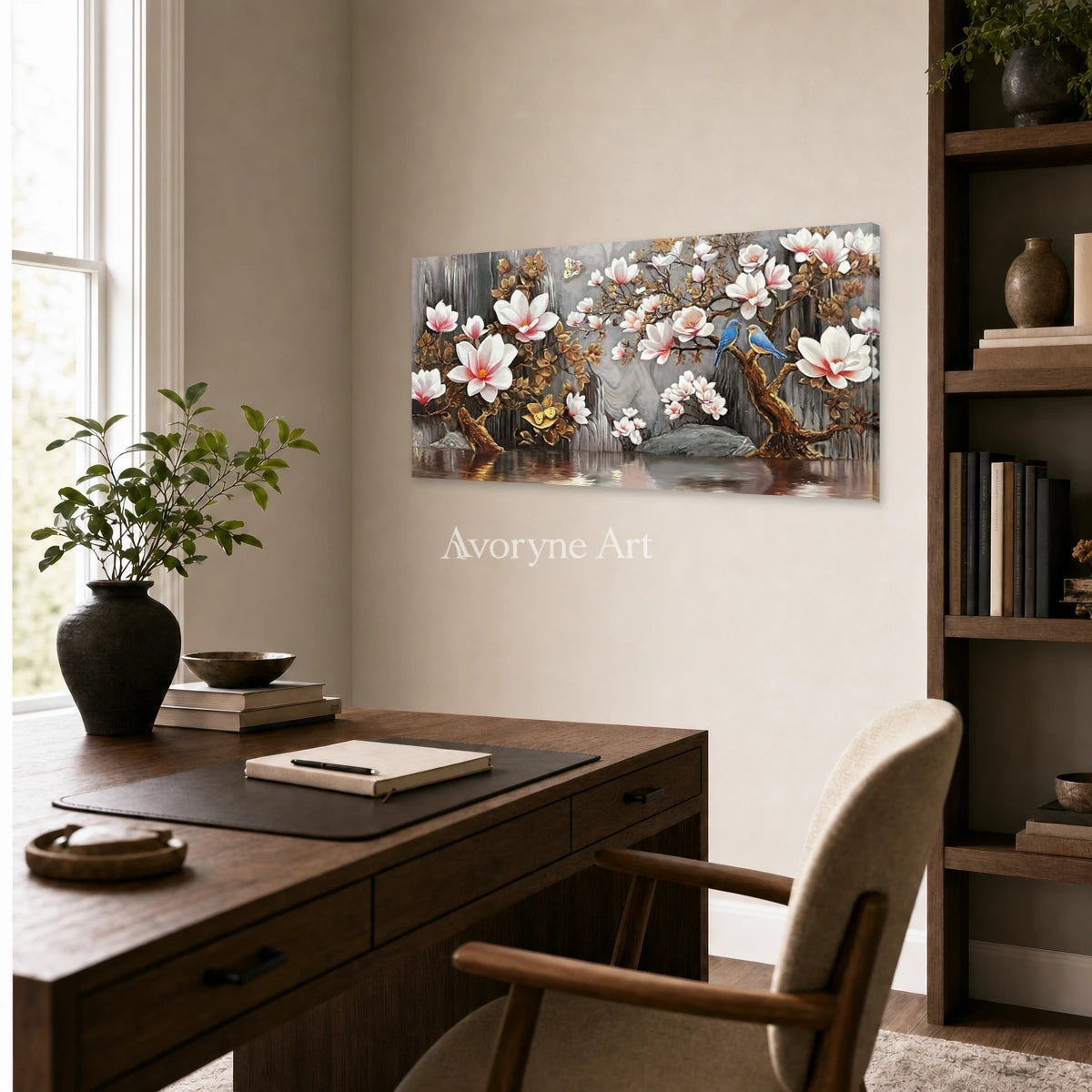 Magnolia Cascade: White Magnolia and Birds Panoramic Wall Art — office frameless