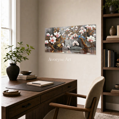Magnolia Cascade: White Magnolia and Birds Panoramic Wall Art — office frameless