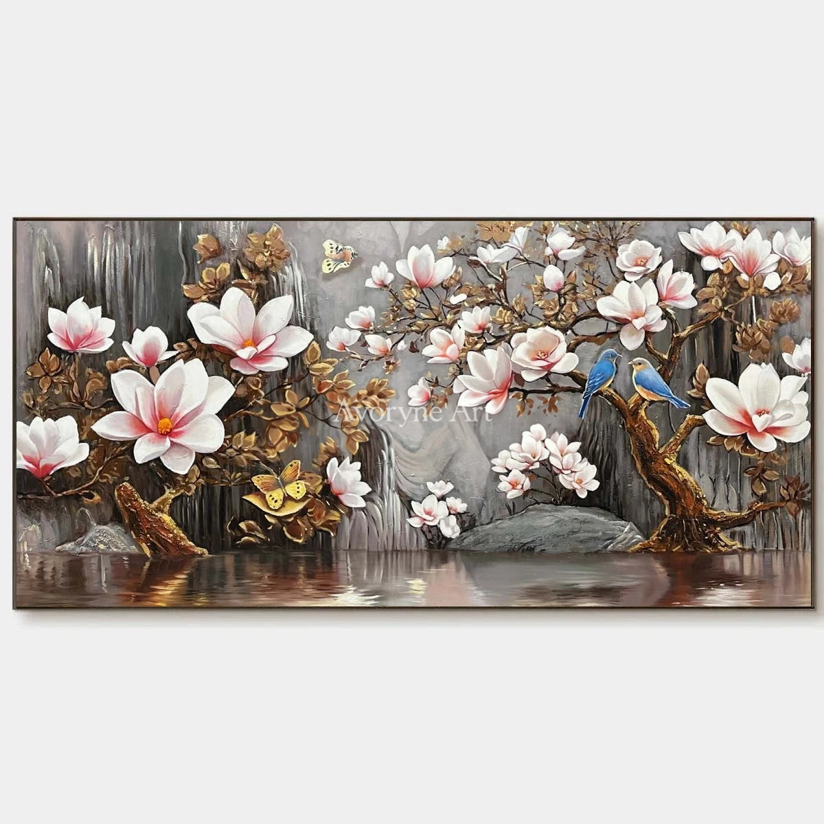 Magnolia Cascade: White Magnolia and Birds Panoramic Wall Art — primary
