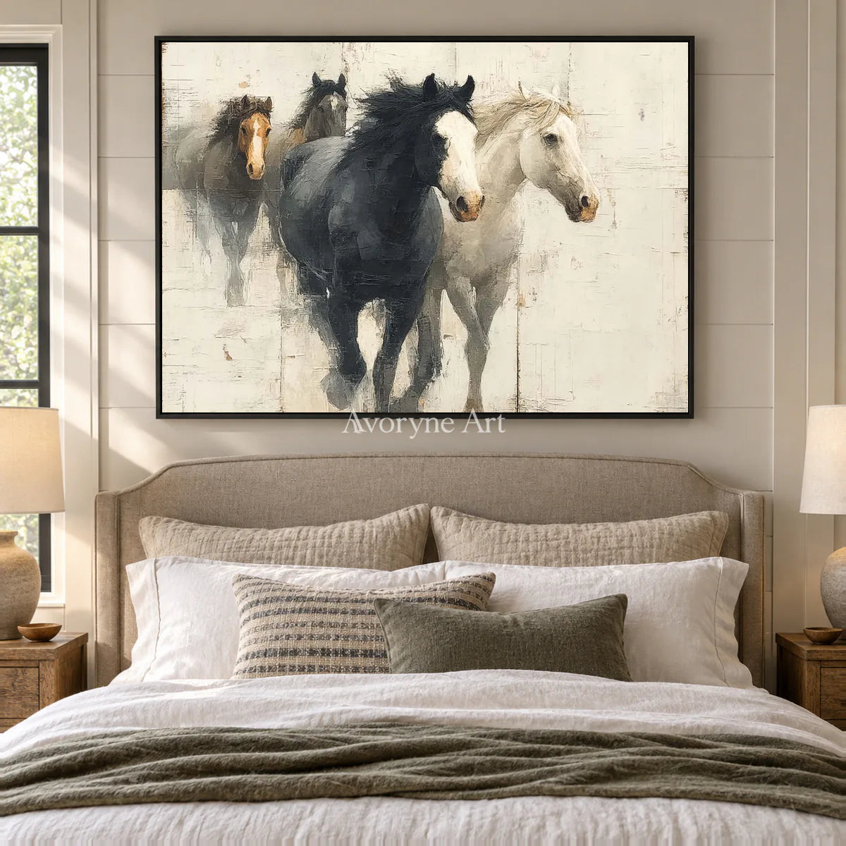 The Quiet Herd: White Minimalist Horse Group Wall Art — bedroom black