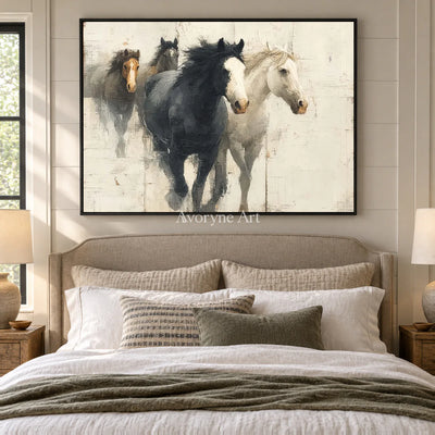 The Quiet Herd: White Minimalist Horse Group Wall Art — bedroom black