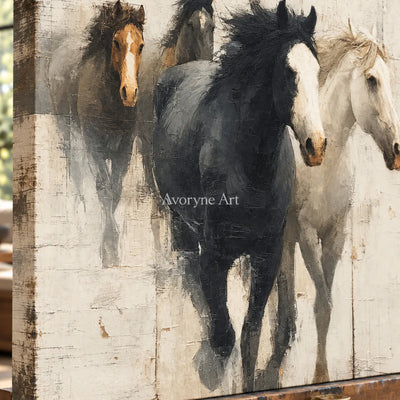 The Quiet Herd: White Minimalist Horse Group Wall Art — detail easel