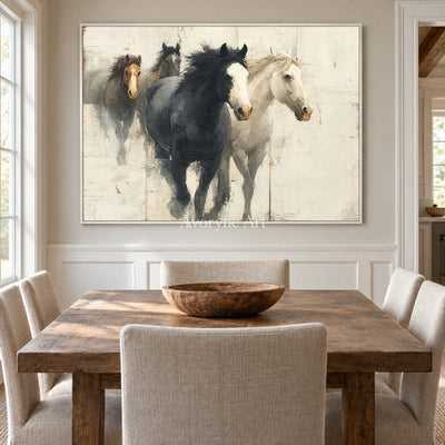 The Quiet Herd: White Minimalist Horse Group Wall Art — dining white
