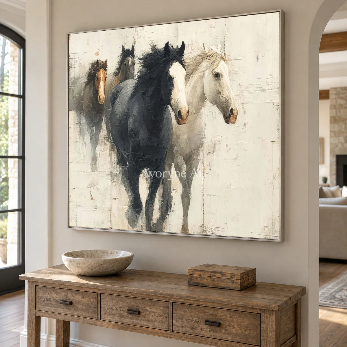 The Quiet Herd: White Minimalist Horse Group Wall Art — entry silver