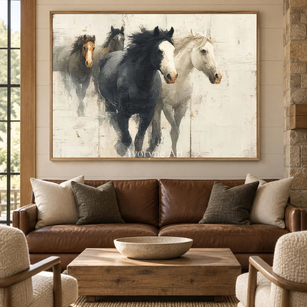 The Quiet Herd: White Minimalist Horse Group Wall Art — hotel wood