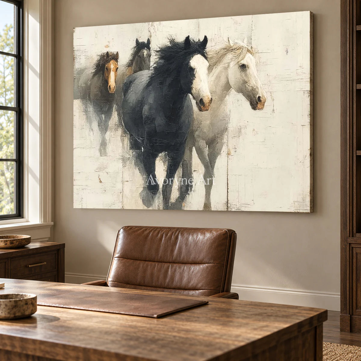 The Quiet Herd: White Minimalist Horse Group Wall Art — office frameless