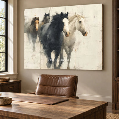 The Quiet Herd: White Minimalist Horse Group Wall Art — office frameless