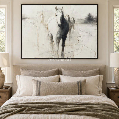 The Pale Arrival: White Minimalist Horse Wall Art — bedroom black