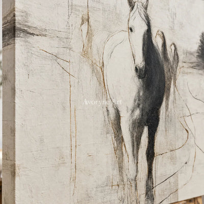 The Pale Arrival: White Minimalist Horse Wall Art — detail easel
