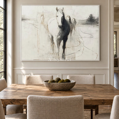 The Pale Arrival: White Minimalist Horse Wall Art — dining white