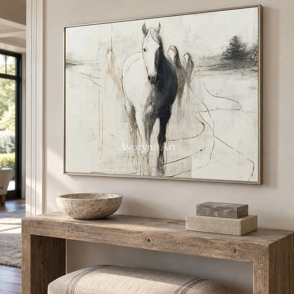 The Pale Arrival: White Minimalist Horse Wall Art — entry silver
