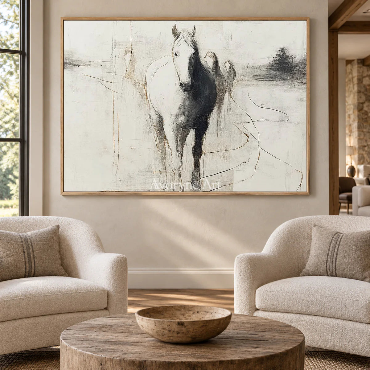 The Pale Arrival: White Minimalist Horse Wall Art — hotel wood