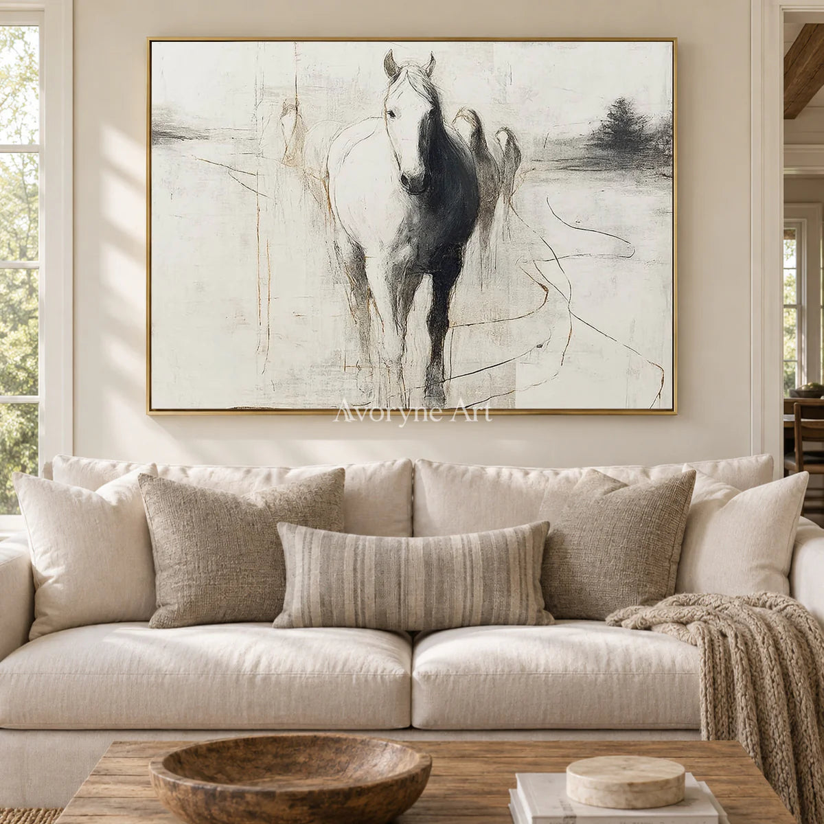 The Pale Arrival: White Minimalist Horse Wall Art — living gold