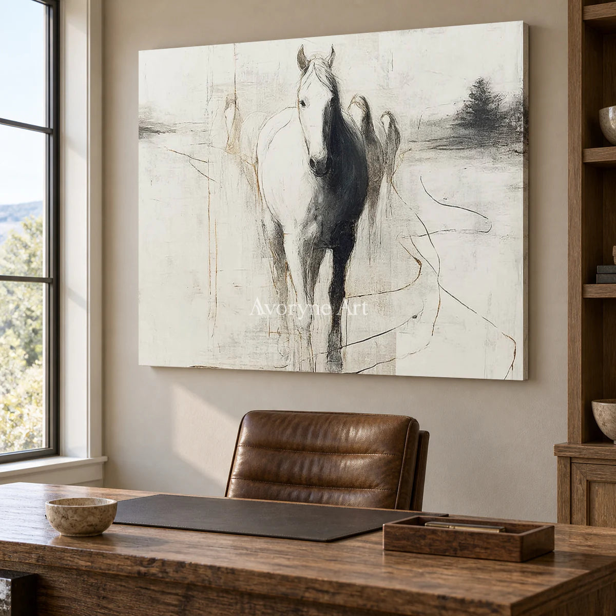 The Pale Arrival: White Minimalist Horse Wall Art — office frameless