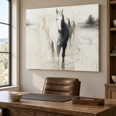 The Pale Arrival: White Minimalist Horse Wall Art — office frameless