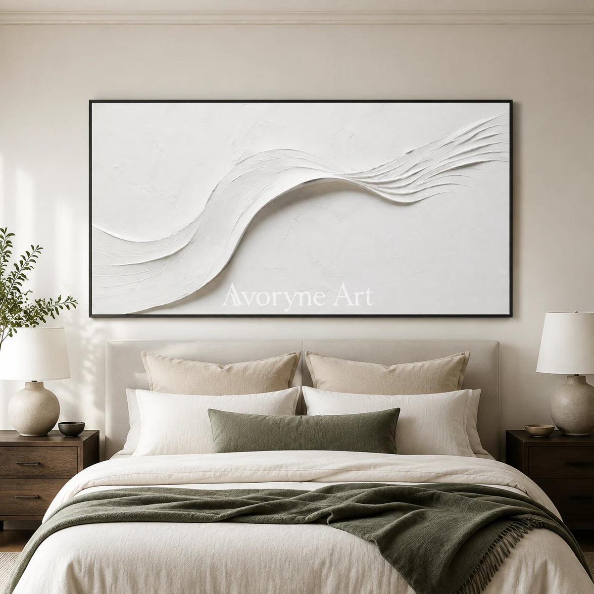 White Drift: White Minimalist Panoramic Texture Art - bedroom black frame