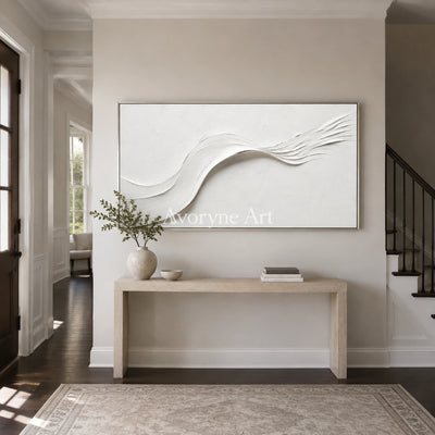 White Drift: White Minimalist Panoramic Texture Art - entryway silver frame