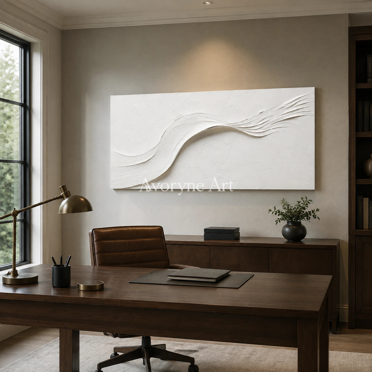 White Drift: White Minimalist Panoramic Texture Art - hotel wood frame