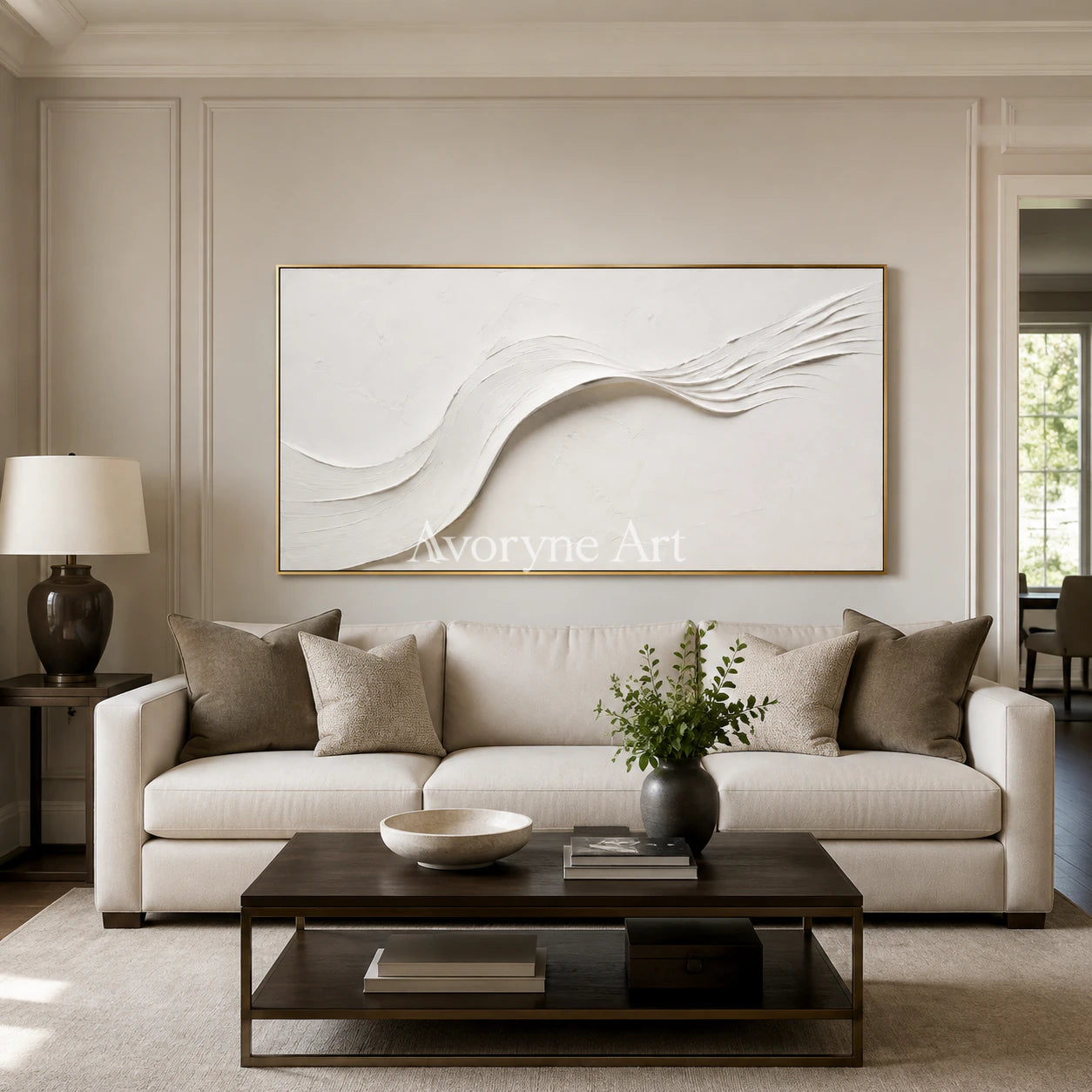 White Drift: White Minimalist Panoramic Texture Art - living room gold frame