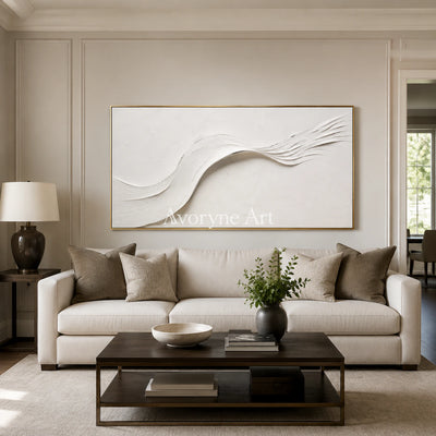White Drift: White Minimalist Panoramic Texture Art - living room gold frame