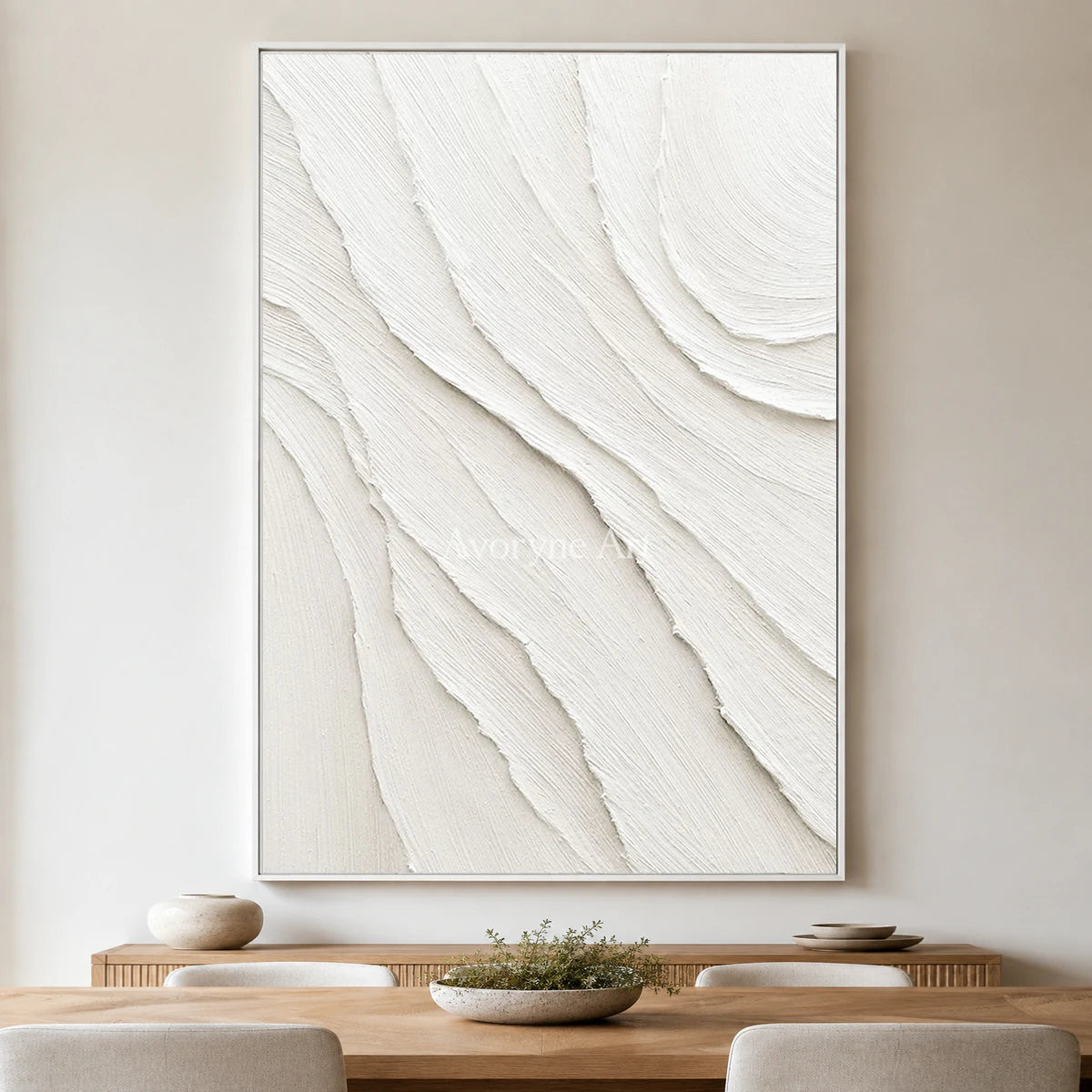 Ivory Incline: White Minimalist Sculptural Texture Wall Art — dining white