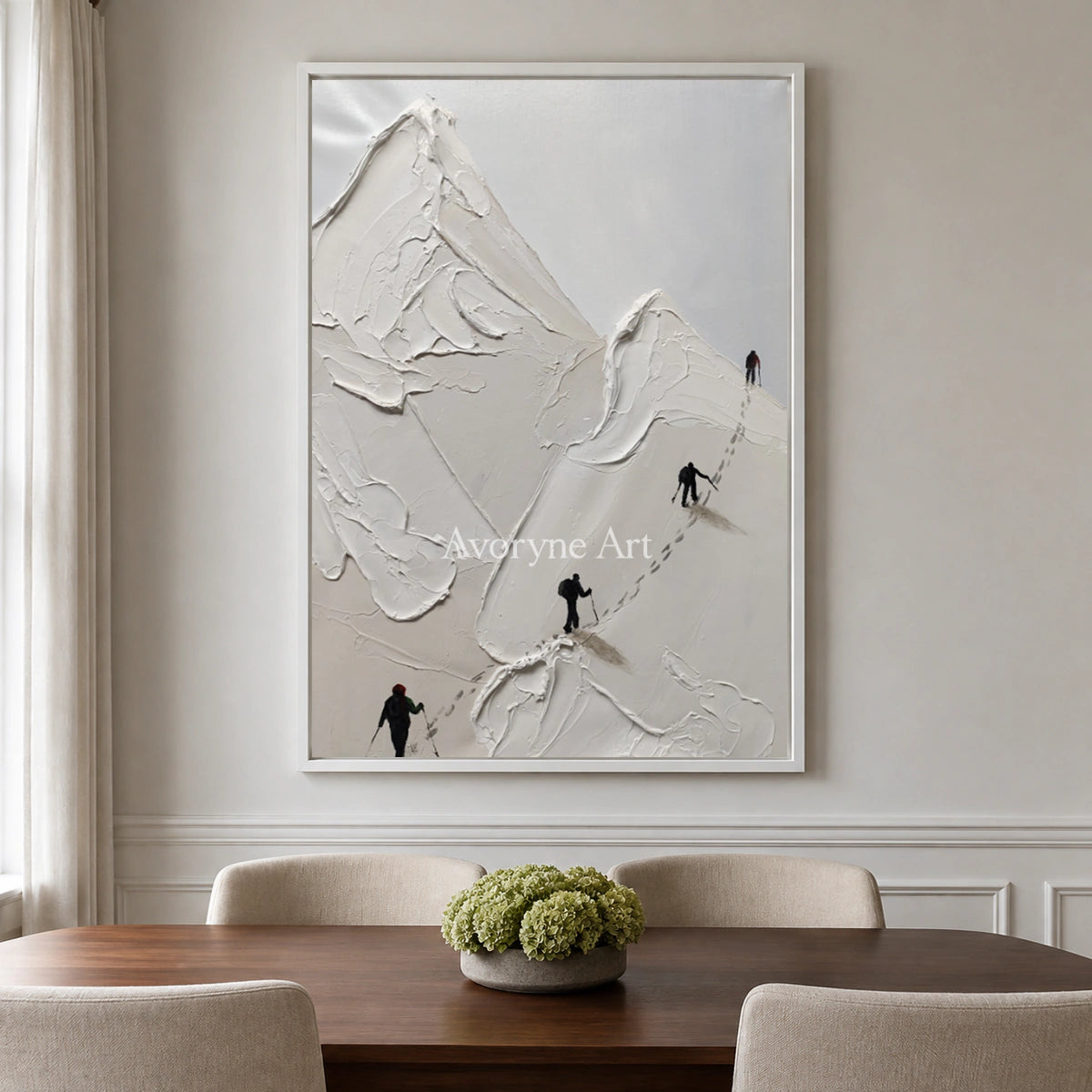 Ascent in Silence: White Mountain Climber Wall Art — dining white