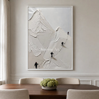 Ascent in Silence: White Mountain Climber Wall Art — dining white