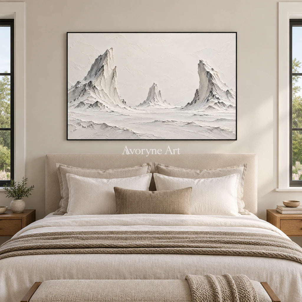 Three Summits: White Mountain Landscape Wall Art — bedroom black