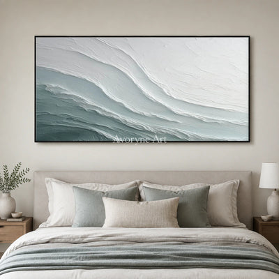Seafoam Fold: White Panoramic Sculptural Wave Wall Art — bedroom black