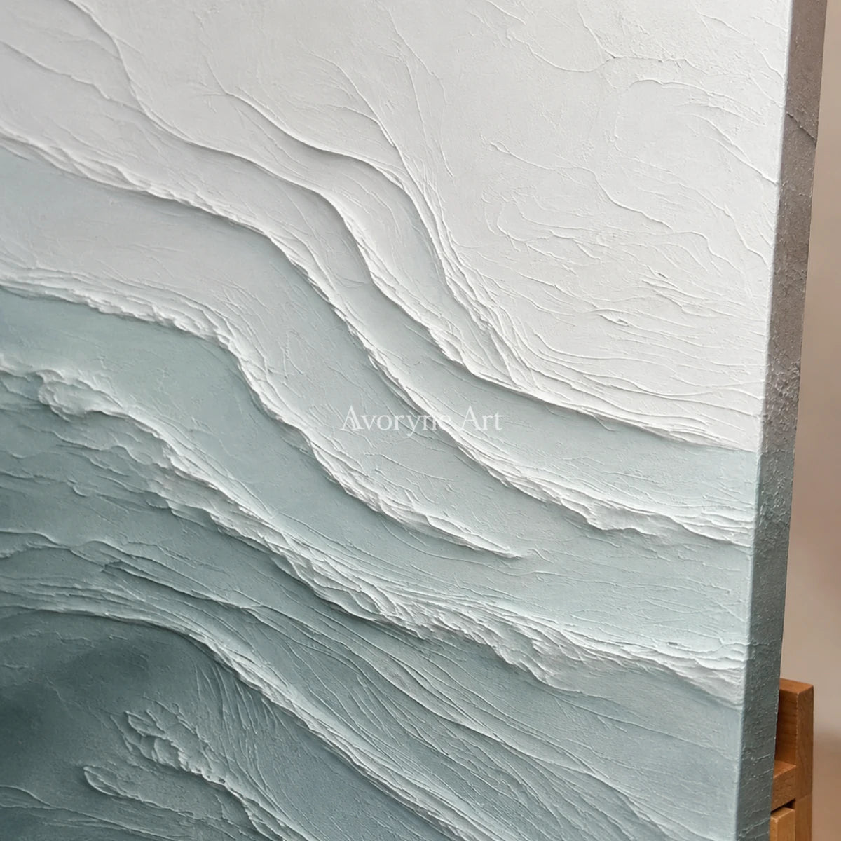 Seafoam Fold: White Panoramic Sculptural Wave Wall Art — detail easel