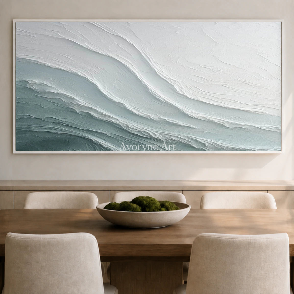 Seafoam Fold: White Panoramic Sculptural Wave Wall Art — dining white