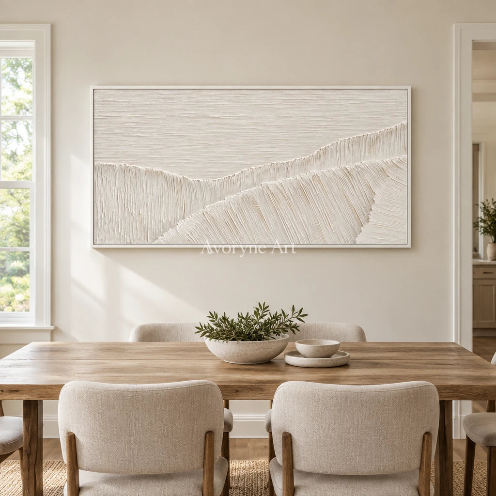 Ivory Current: White Panoramic Textured Art Wall Art — dining white