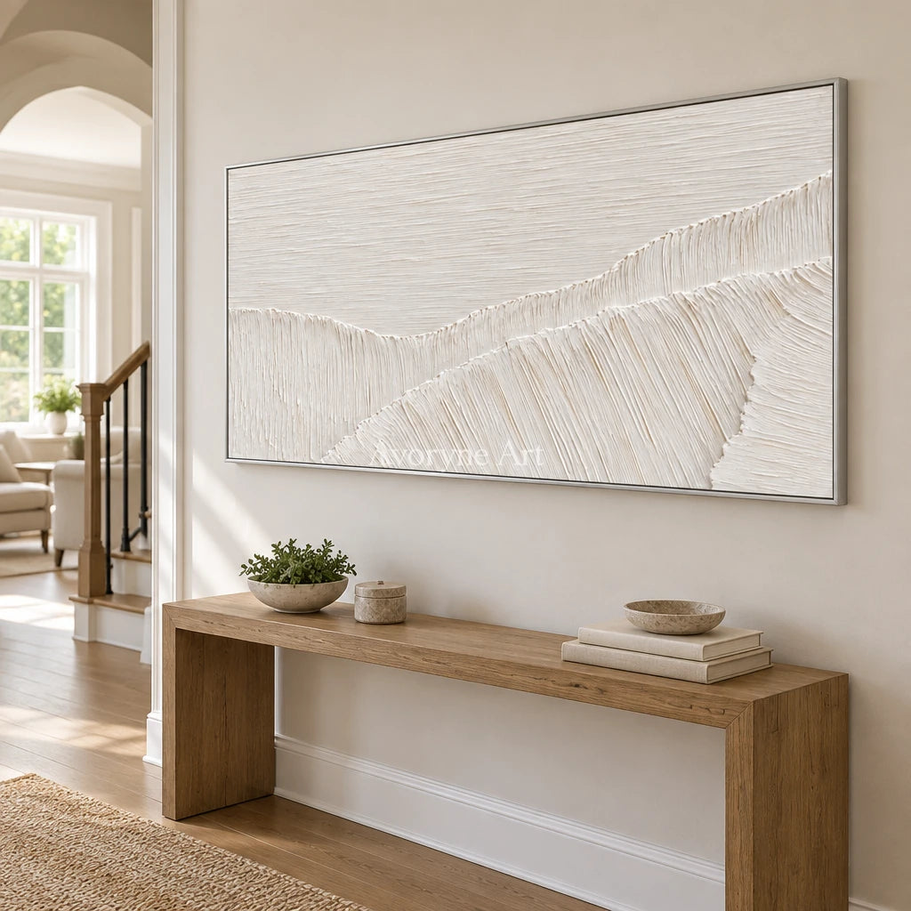 Ivory Current: White Panoramic Textured Art Wall Art — entry silver