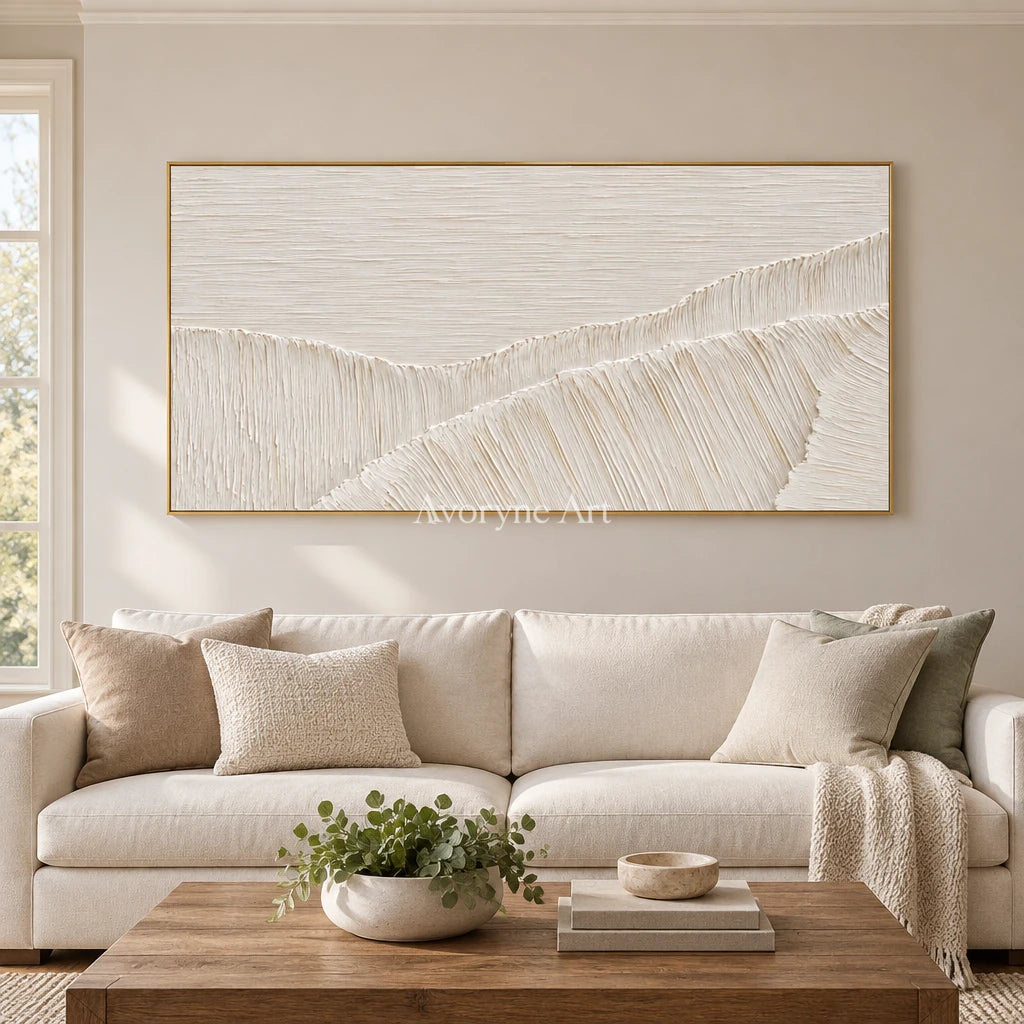 Ivory Current: White Panoramic Textured Art Wall Art — living gold