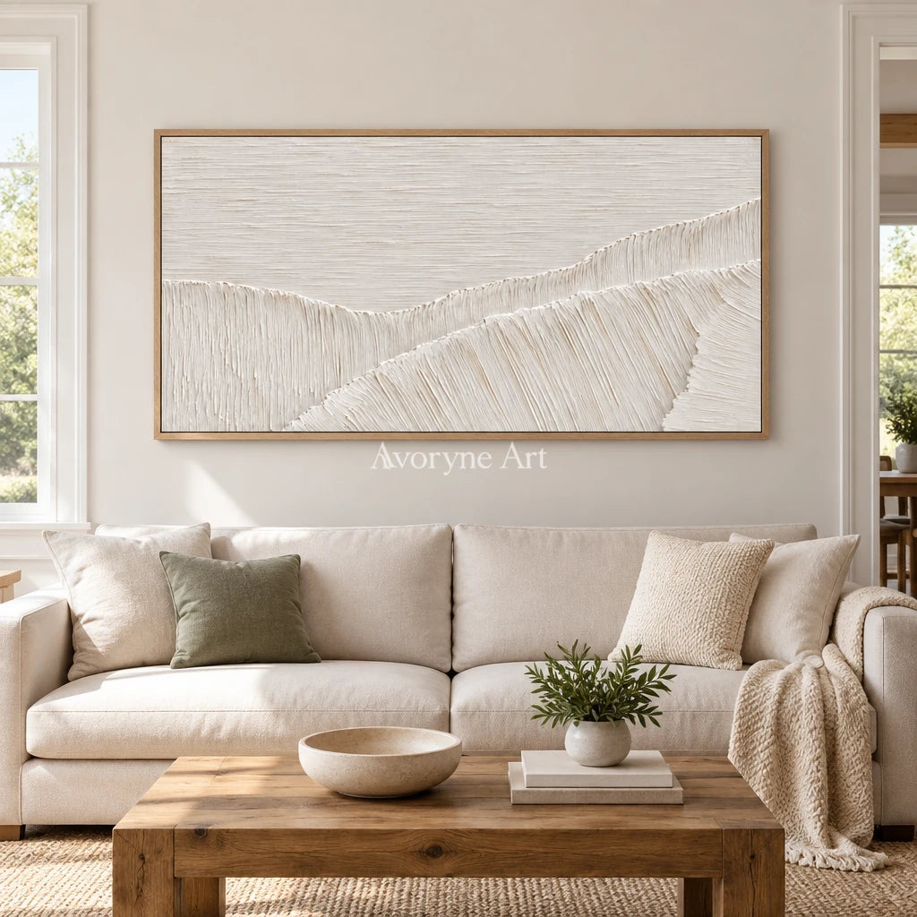 Ivory Current: White Panoramic Textured Art Wall Art — villa wood