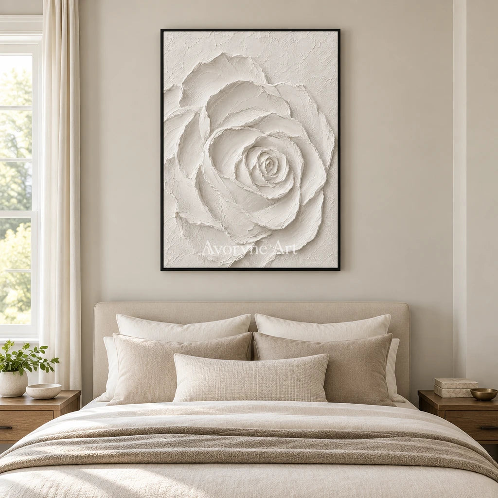 Rose in Chalk: White Rose Relief Wall Art — bedroom black