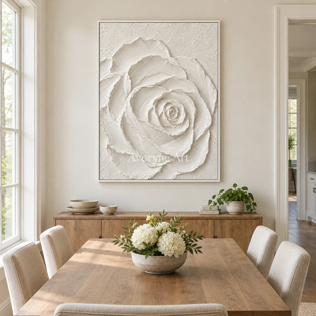 Rose in Chalk: White Rose Relief Wall Art — dining white