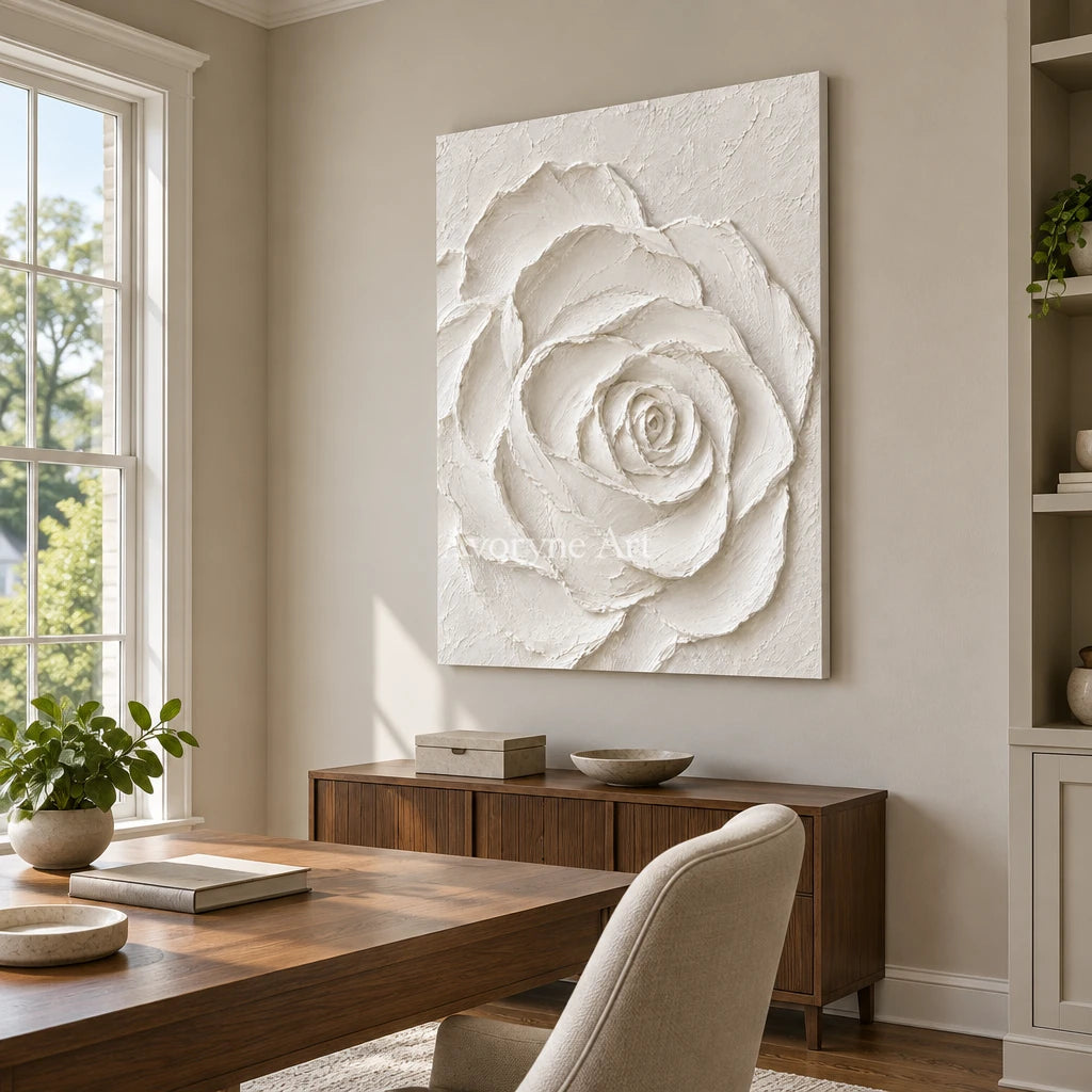 Rose in Chalk: White Rose Relief Wall Art — office frameless