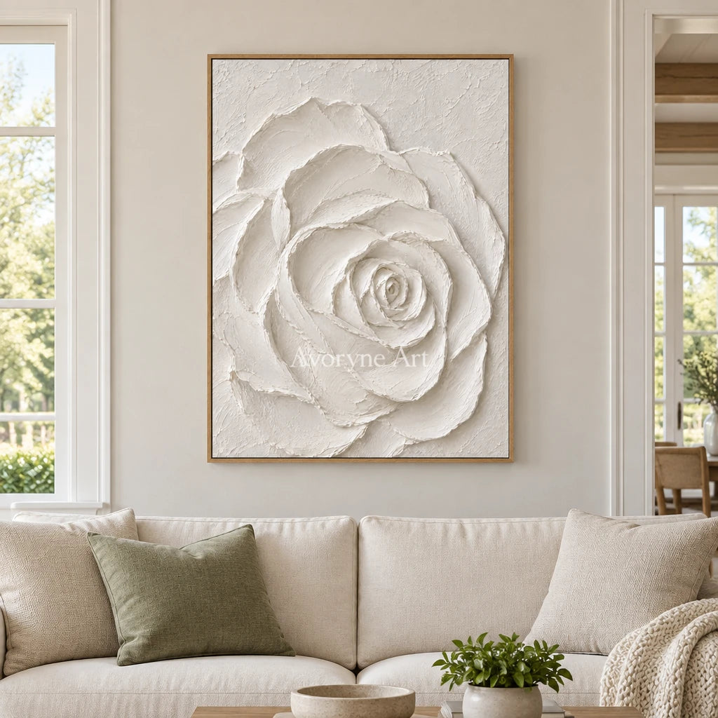 Rose in Chalk: White Rose Relief Wall Art — villa wood