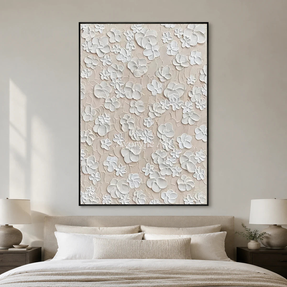 Petal Reverie: White Sculptural Floral Wall Art — bedroom black