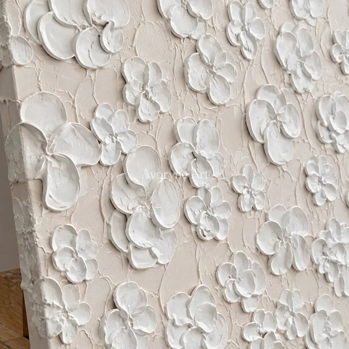 Petal Reverie: White Sculptural Floral Wall Art — detail easel