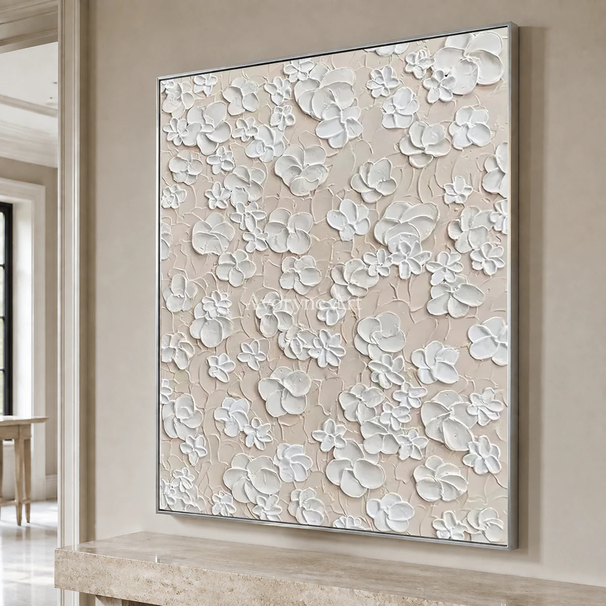 Petal Reverie: White Sculptural Floral Wall Art — entry silver