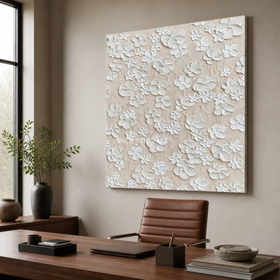 Petal Reverie: White Sculptural Floral Wall Art — office frameless