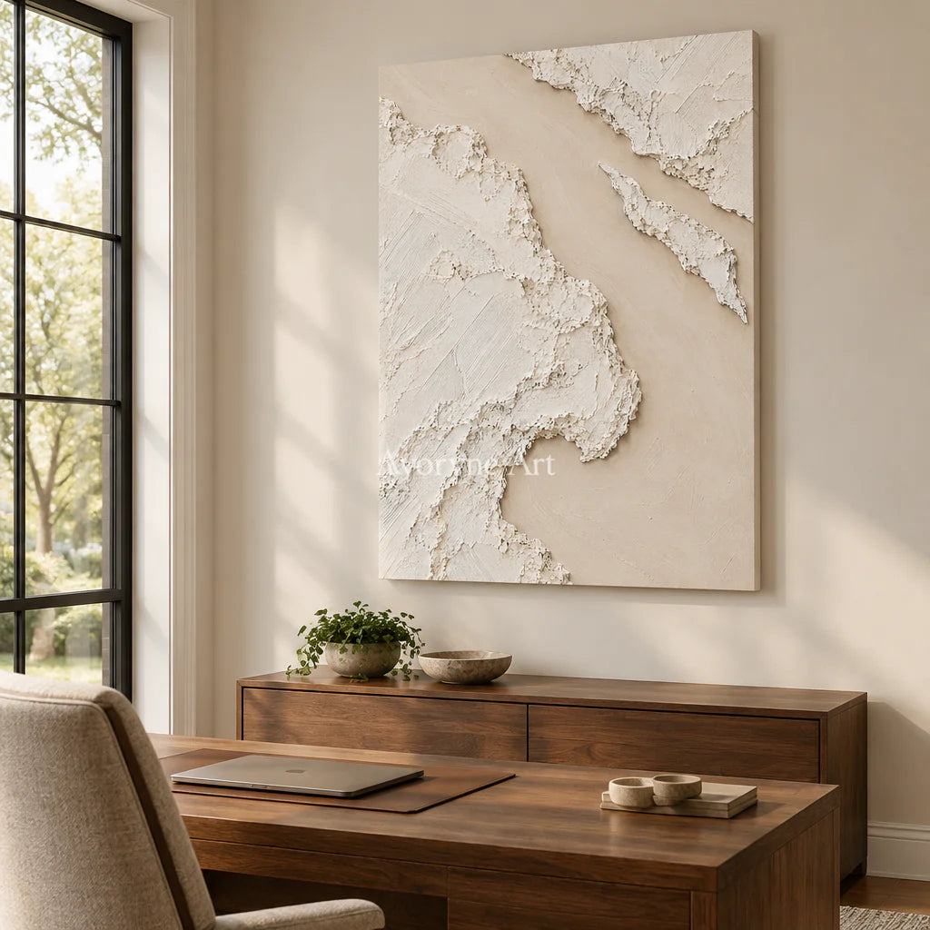 Weathered Passage: White Texture Abstract Wall Art — office frameless