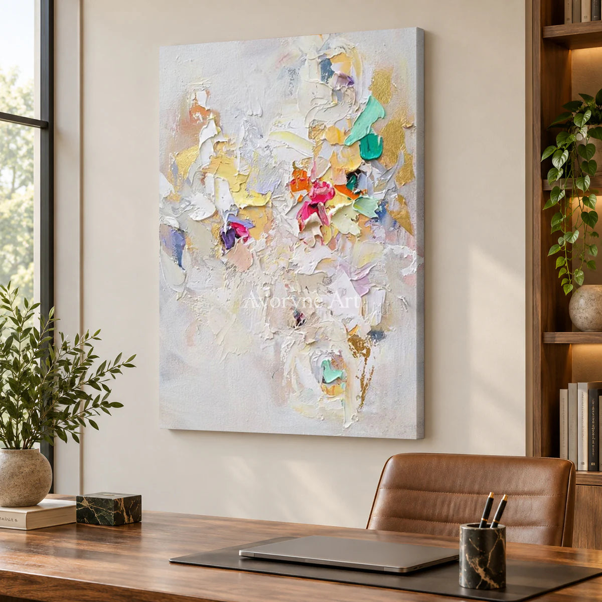 Pastel Fragments: White Textured Abstract Wall Art — office frameless
